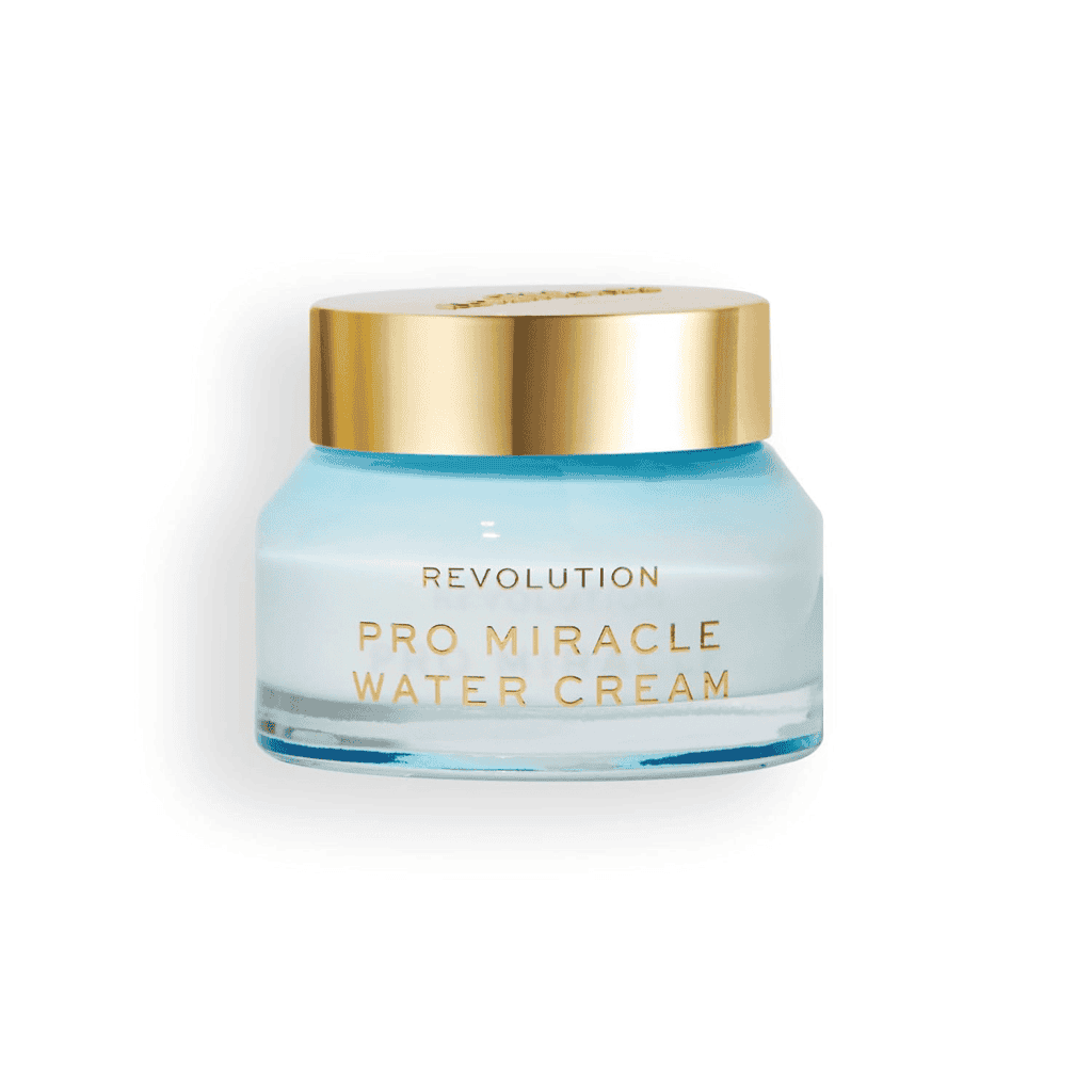 Revolution Pro Miracle Water Cream jar with gold lid, skincare product for hydration.