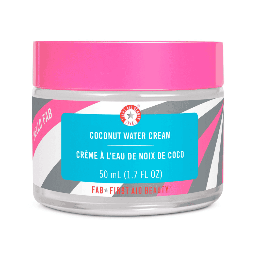 Coconut Water Cream jar with pink lid, ideal for skincare reviews and dupes.