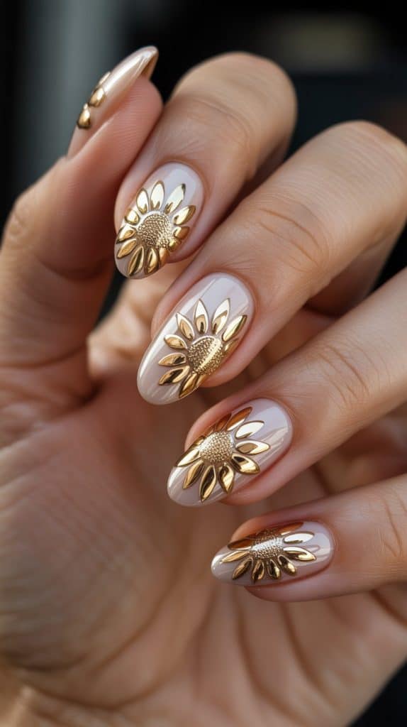 Elegant sunflower gold nail design on manicured nails for a stylish look.