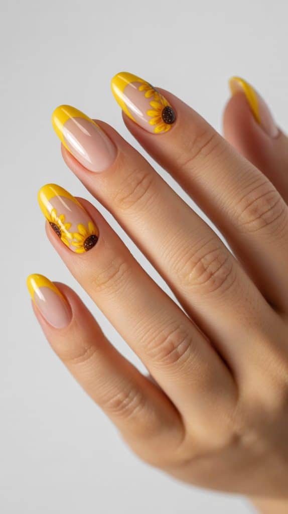 Beautiful sunflower-themed yellow and brown nail art on well-manicured fingers.