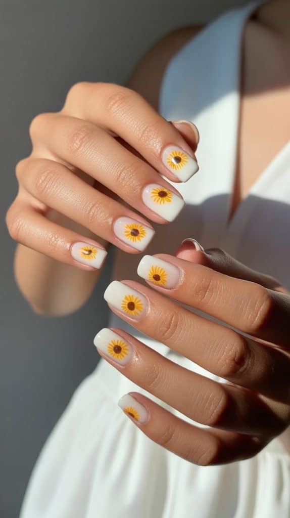 Hand with daisy flower nail art on white background, close-up of manicured nails.