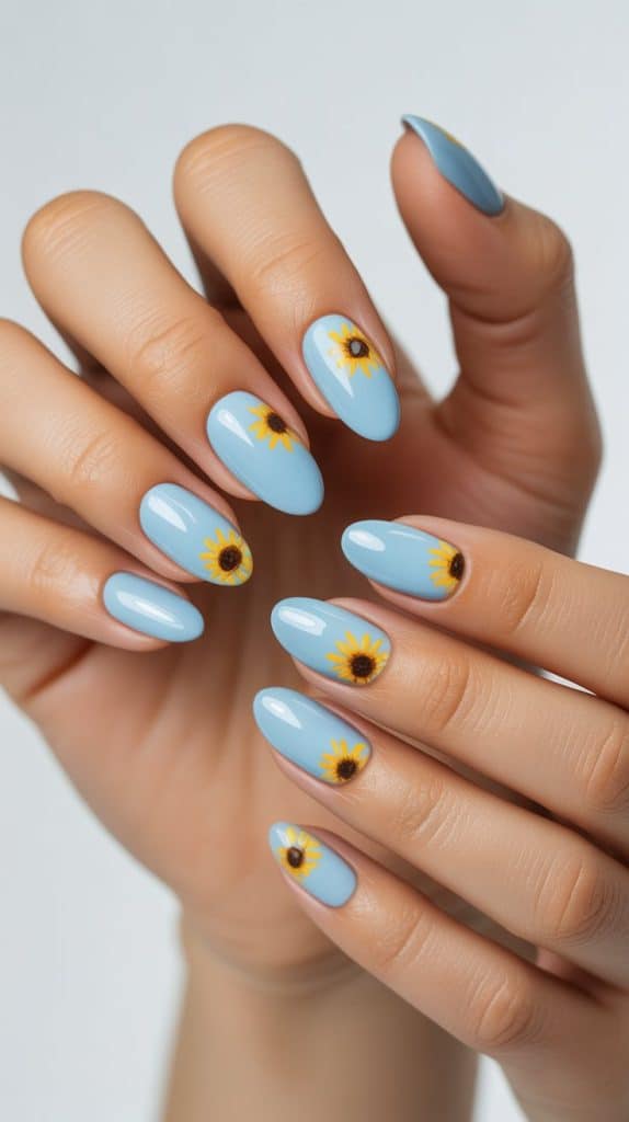 Sunflower nail design with blue background, perfect for spring and summer.