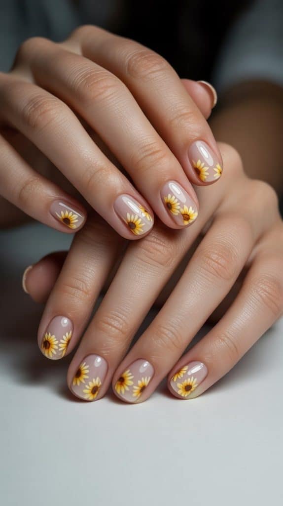 Hand with daisy flower nail art on natural nails, close-up shot.