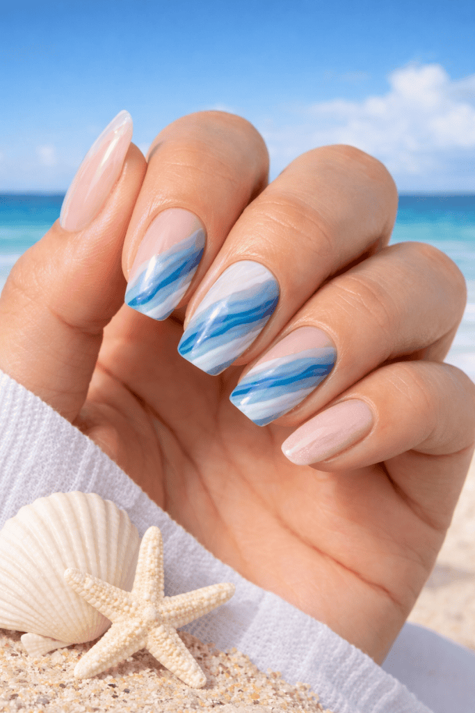 Beautiful sea-themed nail art with blue and white waves perfect for beach days.