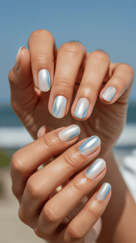 Beach nail art featuring ocean-inspired blue and white shades for a fresh, seaside look. Perfect for.