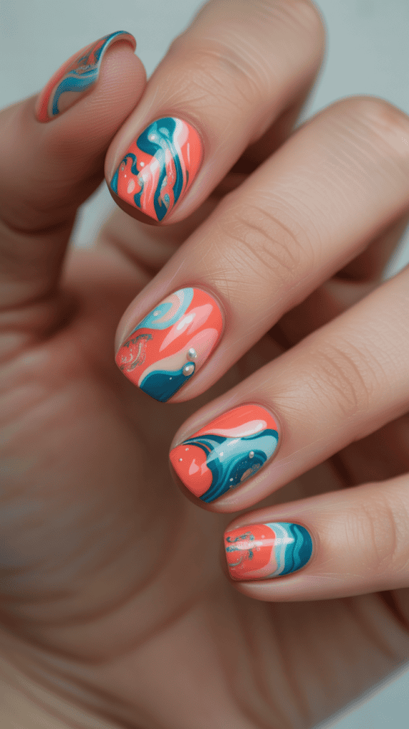 Bright tropical nail design with coral, teal, and white swirls.