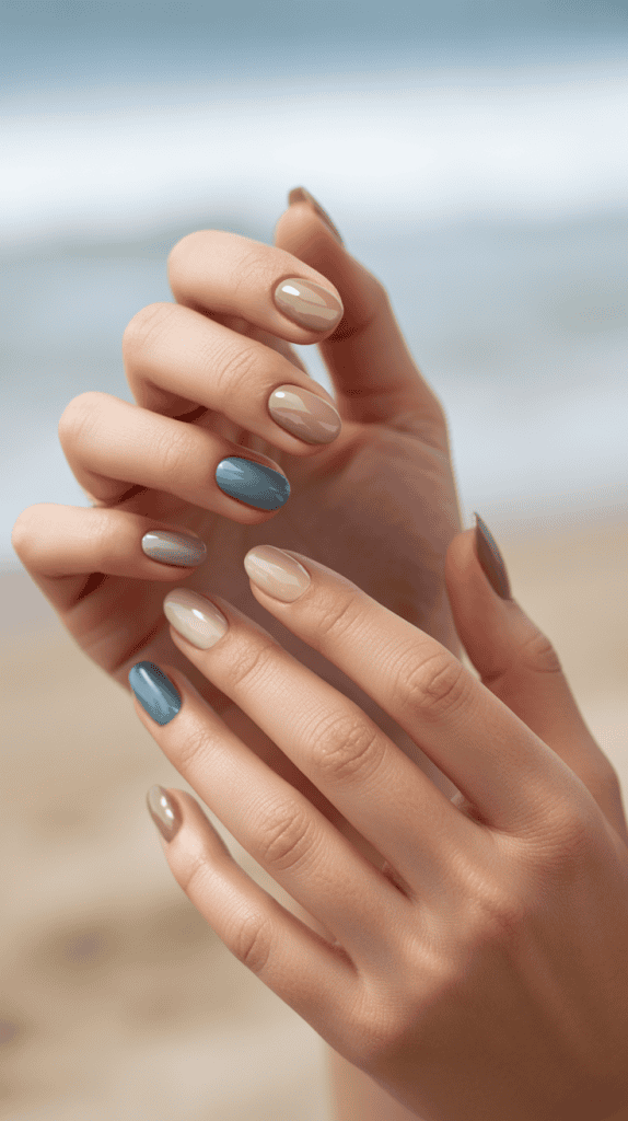 Beautiful beach-inspired nail art featuring blue and nude tones for a seaside look.