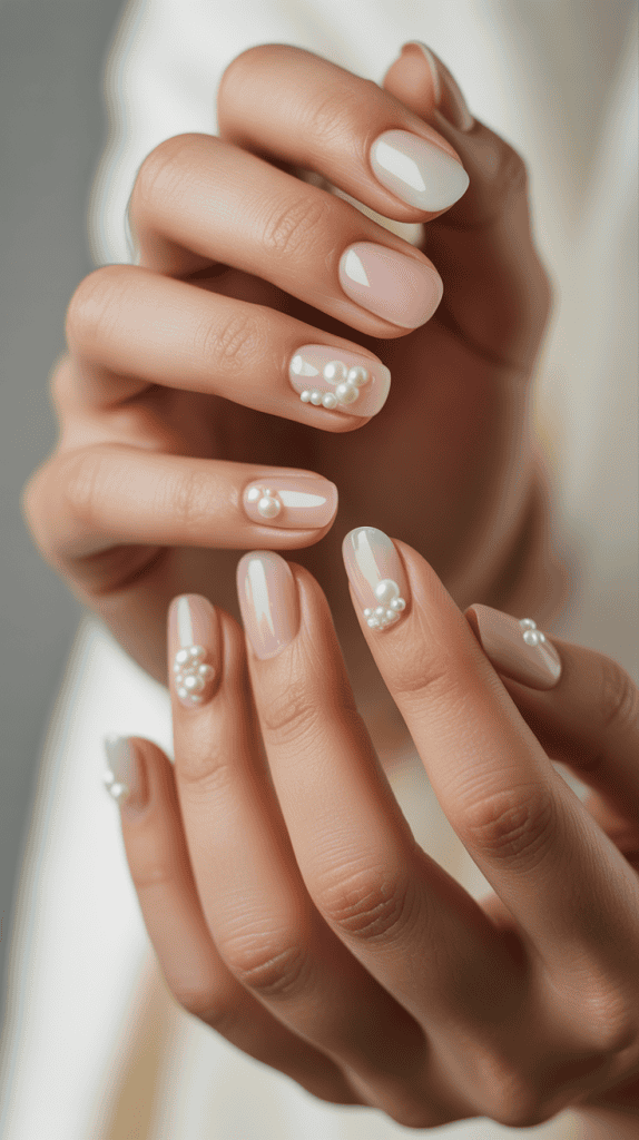 Elegant beach-inspired nail art featuring pearls and soft pastel tones for a seaside look.
