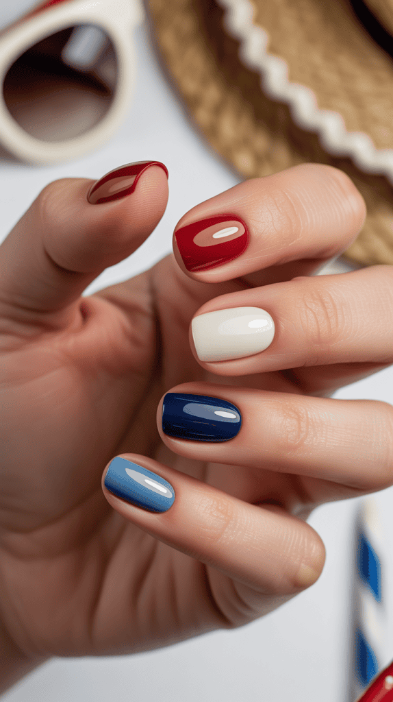 Close-up of patriotic red, white, and blue nail designs for Independence Day celebrations.