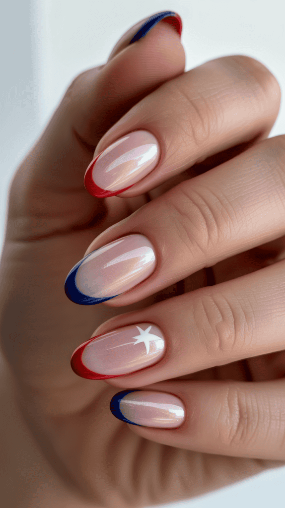 Elegant red, white, and blue nail design with star accent for Independence Day.
