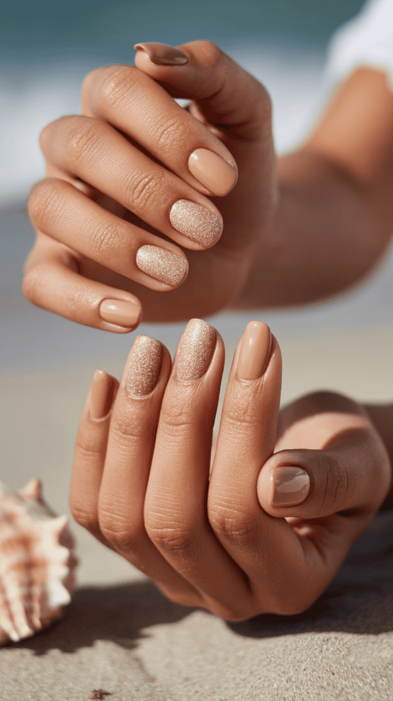 Beautiful beach-inspired nail art with neutral and glittery tones, perfect for ocean-themed summer l.