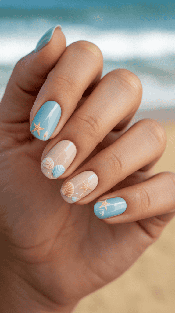 Beach-inspired nail design with seashells and starfish in pastel shades.