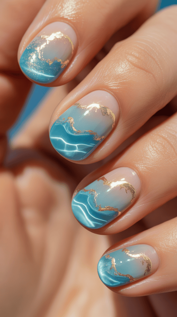 Beautiful beach-inspired nail art featuring ocean waves and gold detailing for a sea-inspired look.