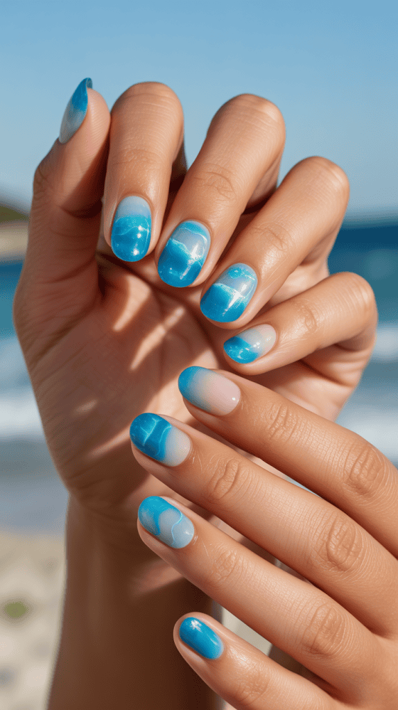 Beautiful blue ocean-inspired nail art on well-manicured nails at the beach.