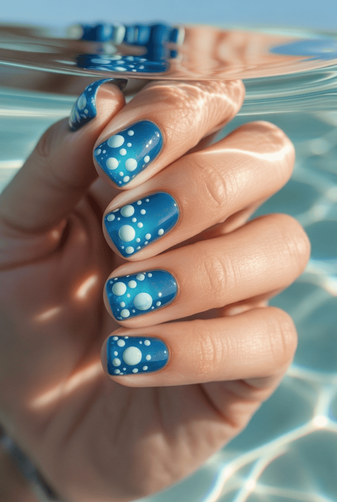 Hand with blue ocean-inspired nail art featuring white bubbles, perfect for beach and sea-themed des.