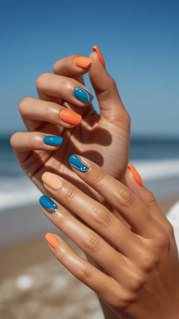 Hand showcasing vibrant beach-inspired nail art in blue and orange shades against a seaside backgrou.