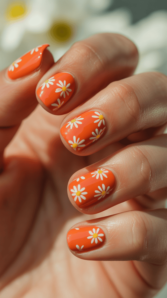Bright orange summer nails decorated with white daisy flowers for a fresh, chic look.
