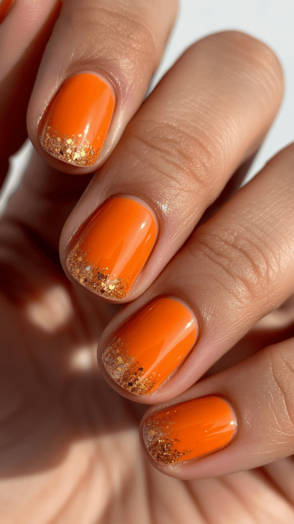 Bright orange summer nails with gold glitter tips for a chic, trendy look. Perfect for warm weather.