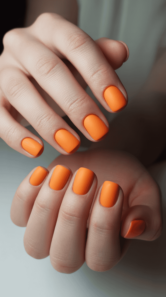 Bright orange nail polish on well-manicured nails for summer trends.