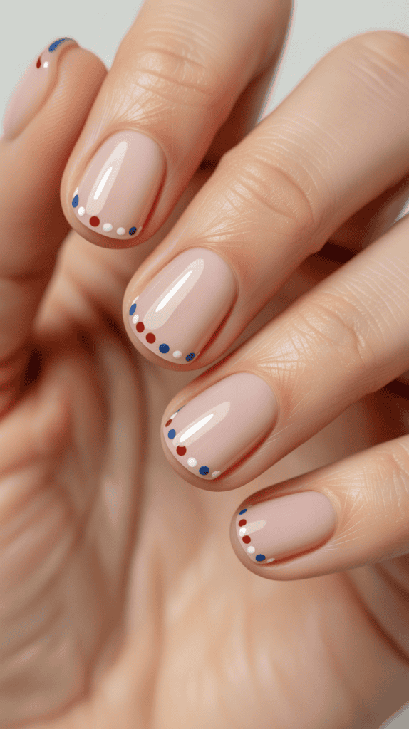 Patriotic nail design featuring red, white, and blue dots for Independence Day celebrations.