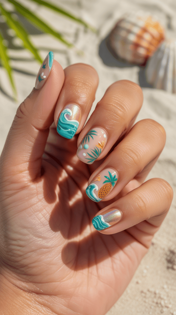Bright tropical nail designs with pineapples and waves for summer vacations.