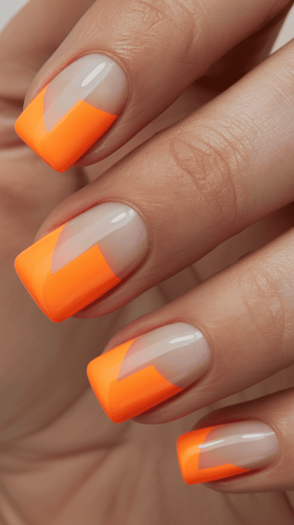 Bright orange and nude geometric nail design for summer.
