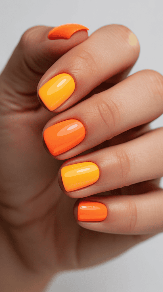 Bright orange and yellow nail polish on well-manicured nails, perfect for summer trends.
