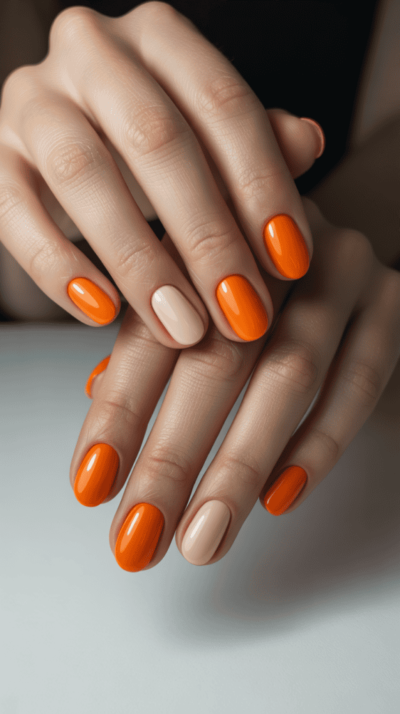 Bright orange and nude manicure with glossy finish, perfect for summer style.