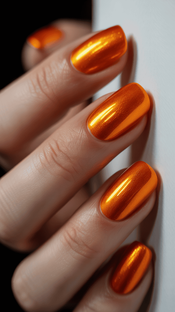 Close-up of shiny bright orange summer nails on a hand.