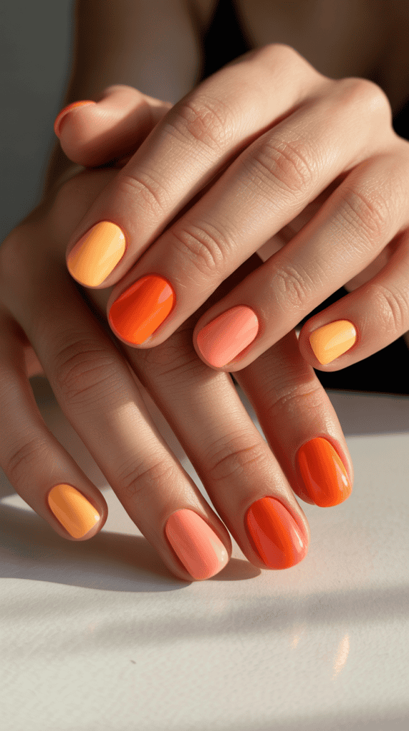 Vibrant orange and peach nail polish on well-manicured nails, perfect for summer fashion.