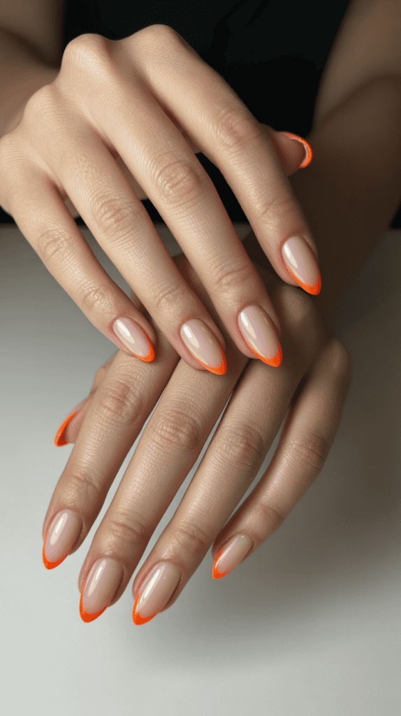 Bright orange nails with a glossy finish, perfect for summer trends and chic style.