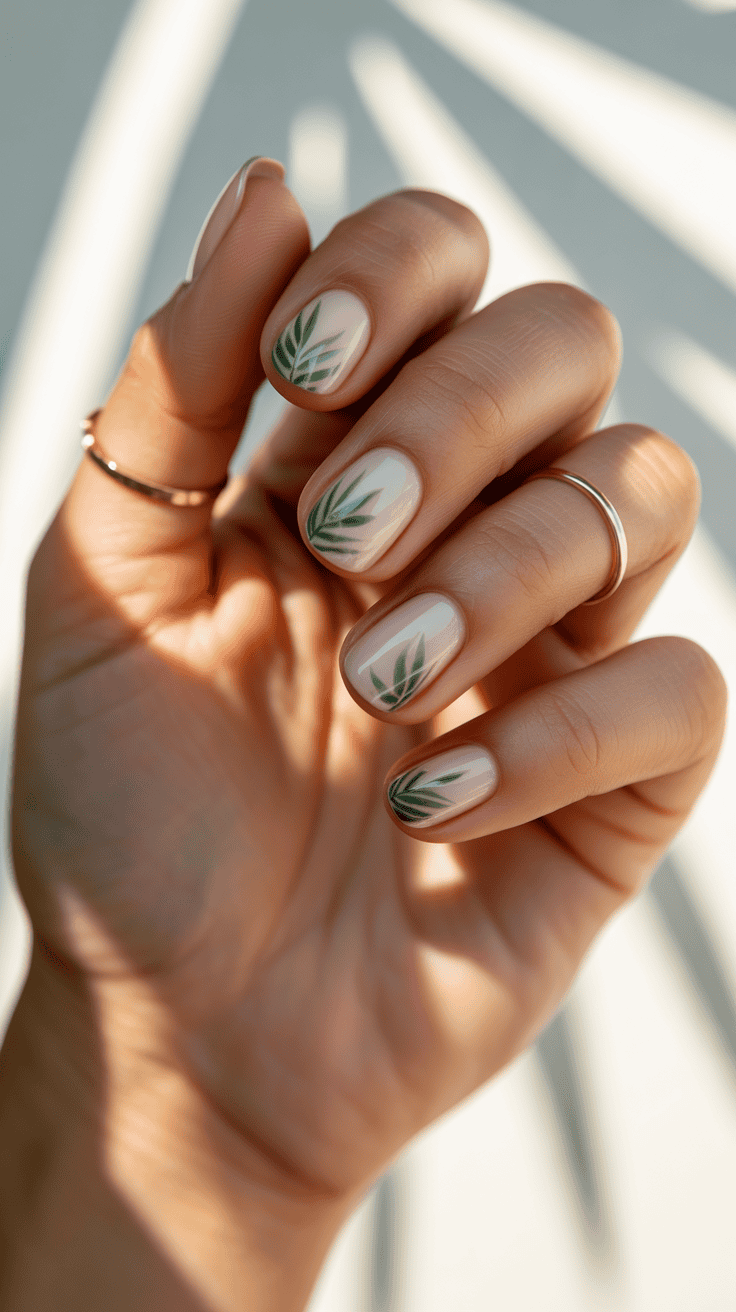 Beautiful tropical-inspired nail art featuring green palm leaf accents on a neutral base.