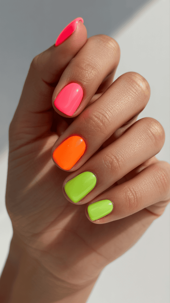 Bright neon coral, orange, and lime green nail designs for summer vacations.