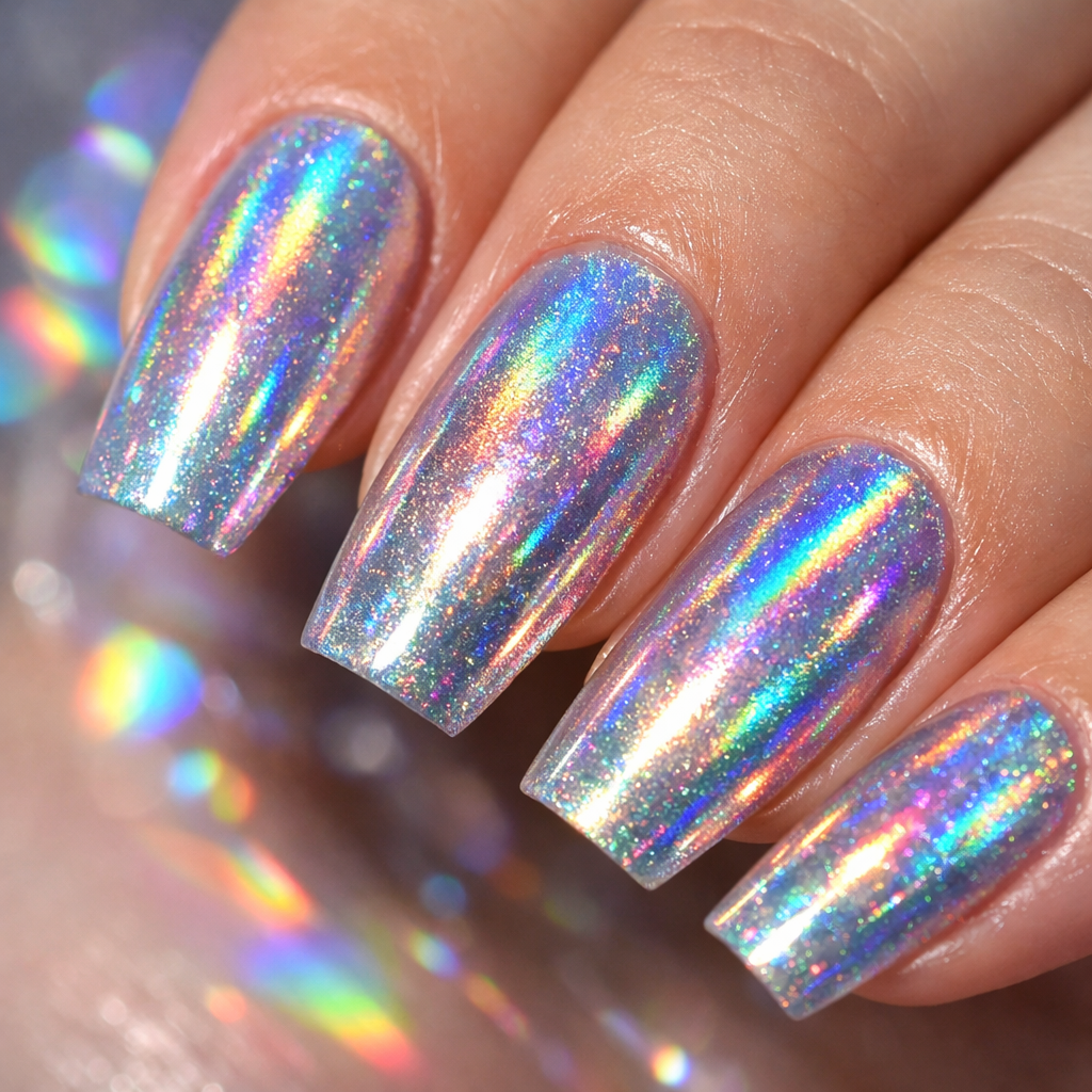 Close-up of holographic rainbow nails with a shiny finish.