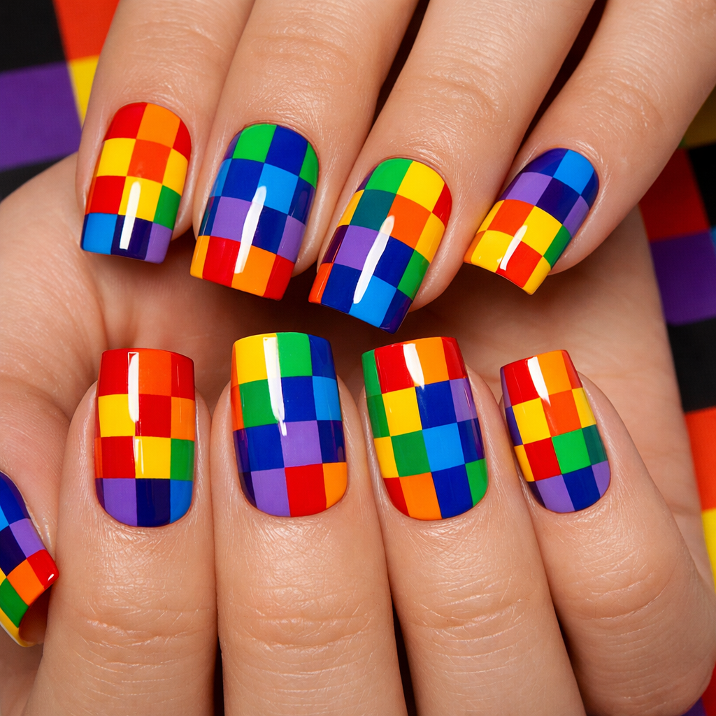 Colorful rainbow checkerboard nail art design