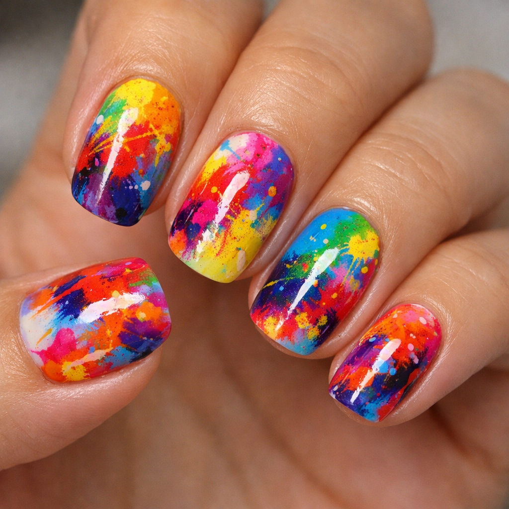 Colorful abstract splash nail design with multiple vibrant shades.