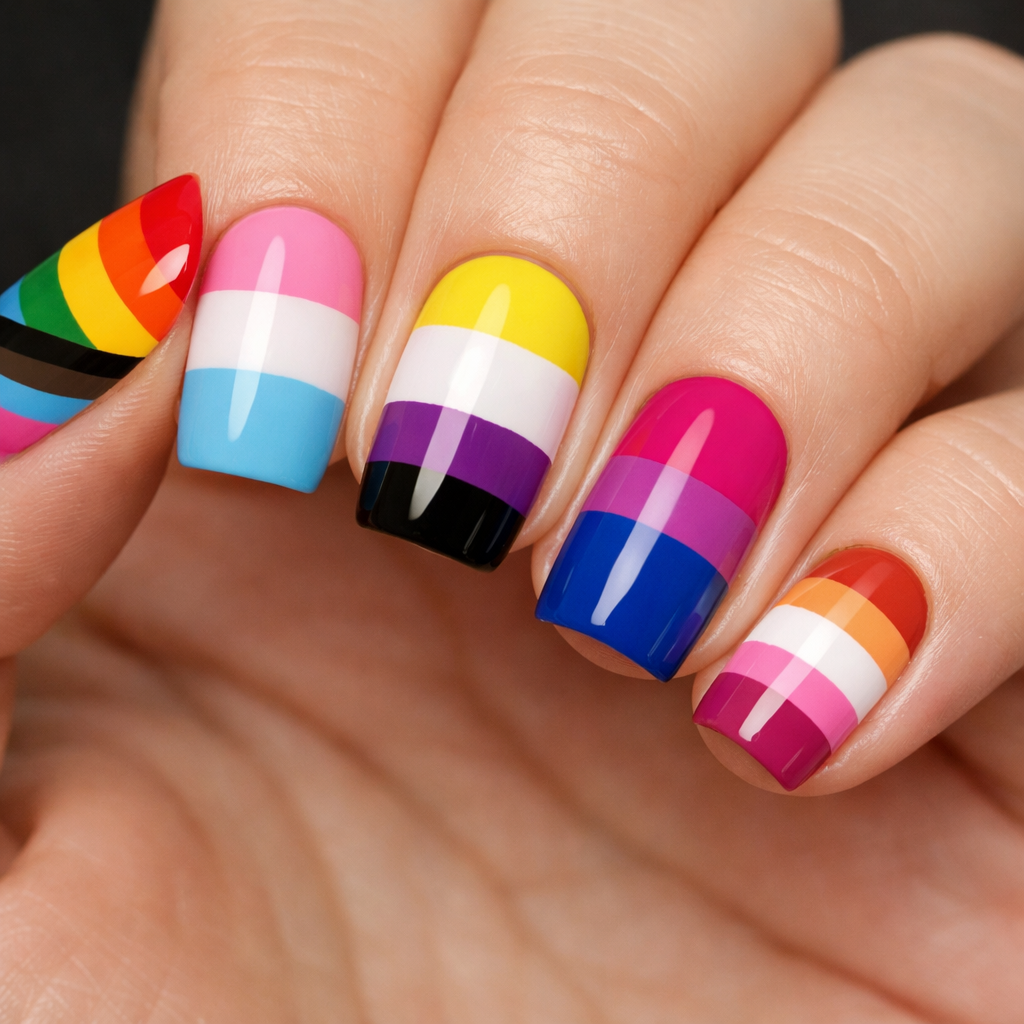 Colorful nails with pride flag designs in various stripes.