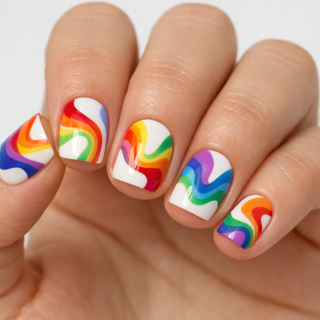 Colorful rainbow swirl nails on a hand.