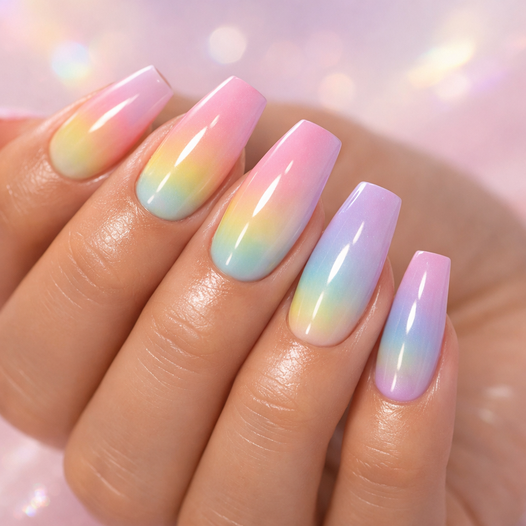 Close-up of pastel gradient nails with pink and blue shades.