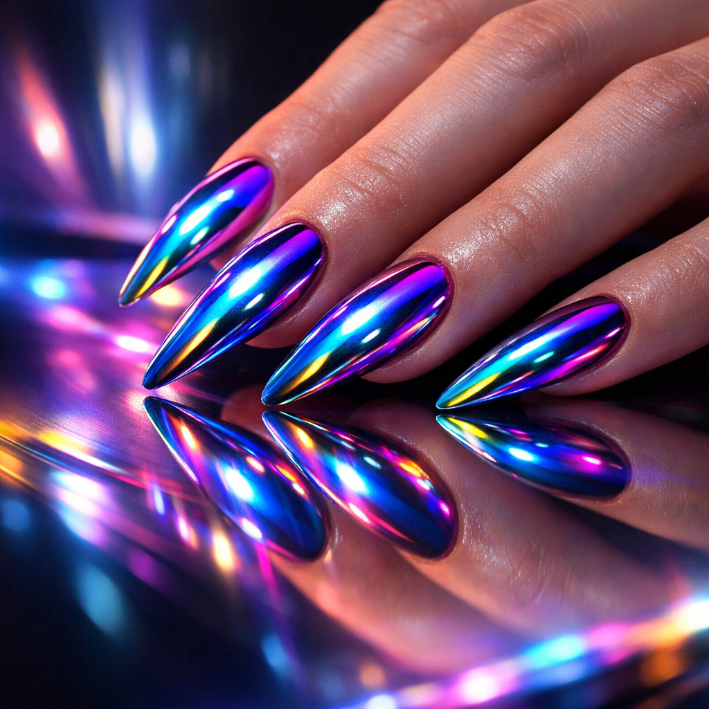 A hand with rainbow chrome nails, showcasing a glossy and colorful design.