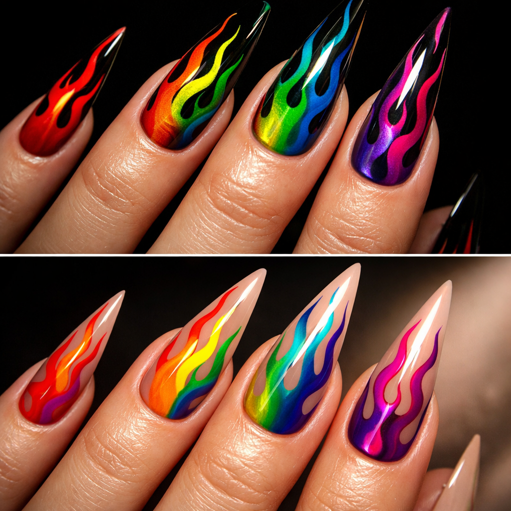 Close-up of rainbow flame nail designs showcasing vivid colors and artistic flame patterns.
