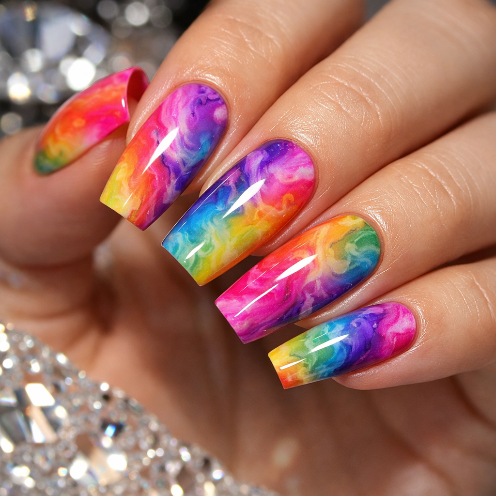 Colorful pride marble nails featuring swirl patterns in rainbow colors.