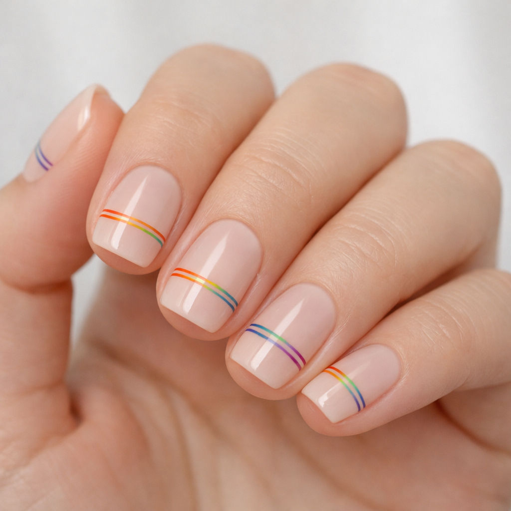 Close-up of hands with minimal rainbow line nails on a light background.