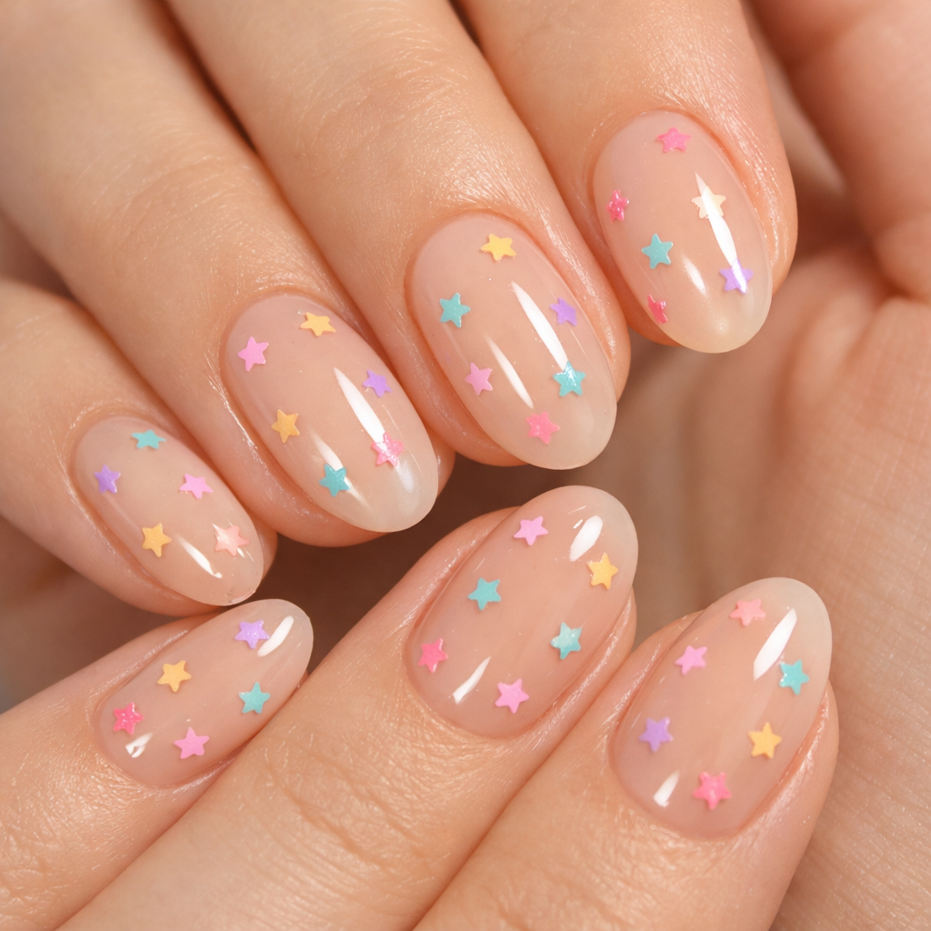 Light pink nails adorned with multicolored star stickers.
