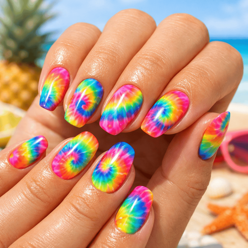 Colorful tie-dye rainbow nails with a beach background
