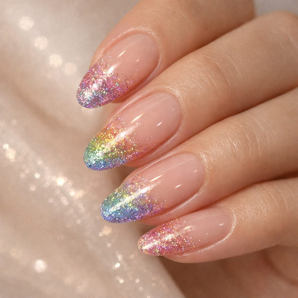 A close-up of hands showing rainbow glitter fade nails with a nude base