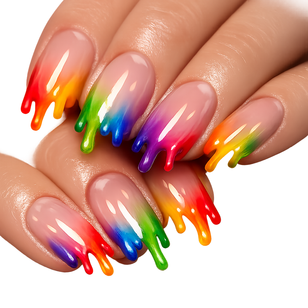 Nails featuring a rainbow drip design with vibrant colors.
