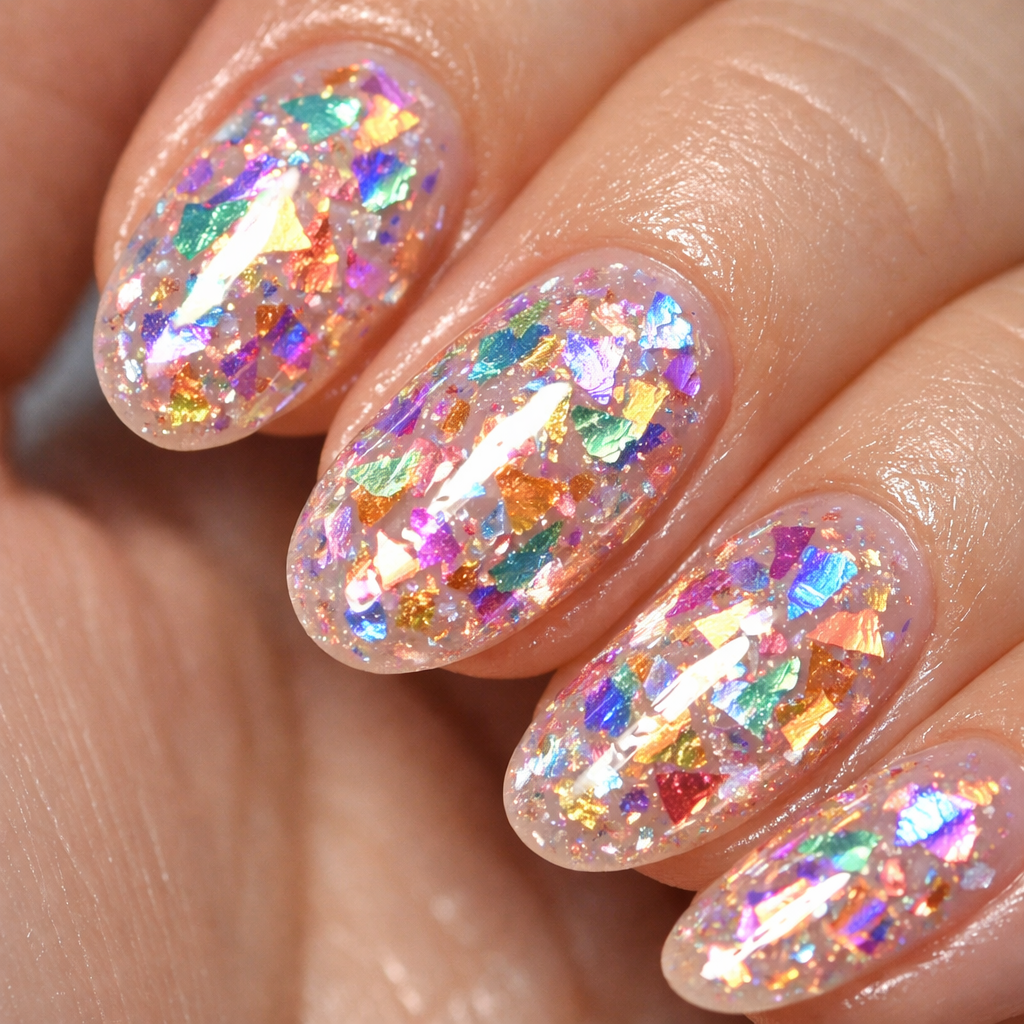 Close-up of rainbow foil accent nails with colorful shiny flakes