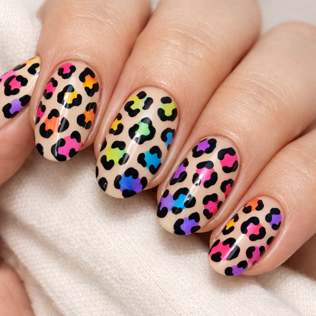 Nail design featuring rainbow colors in a leopard print pattern