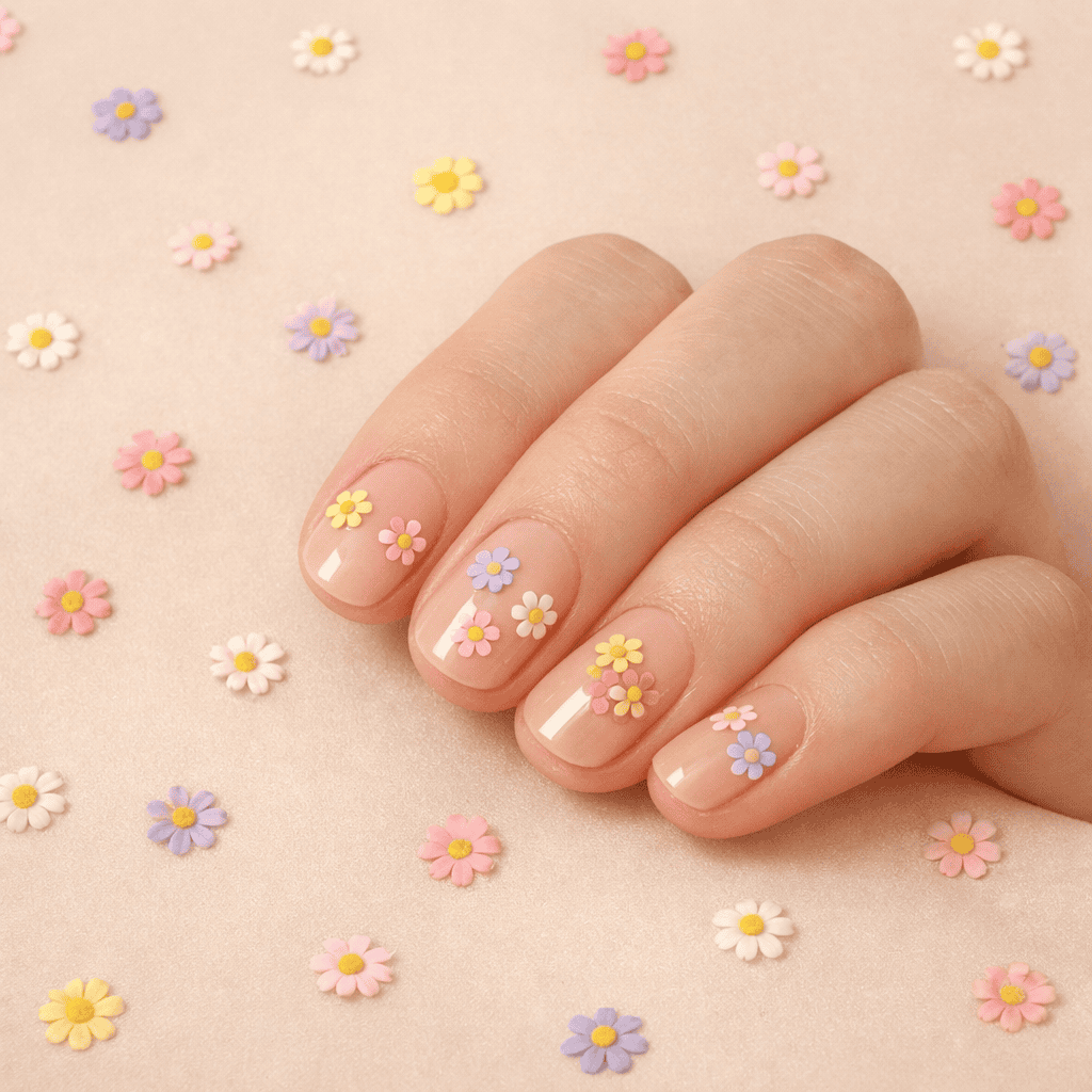 A close-up of a hand with rainbow daisy nails against a backdrop of small flowers.